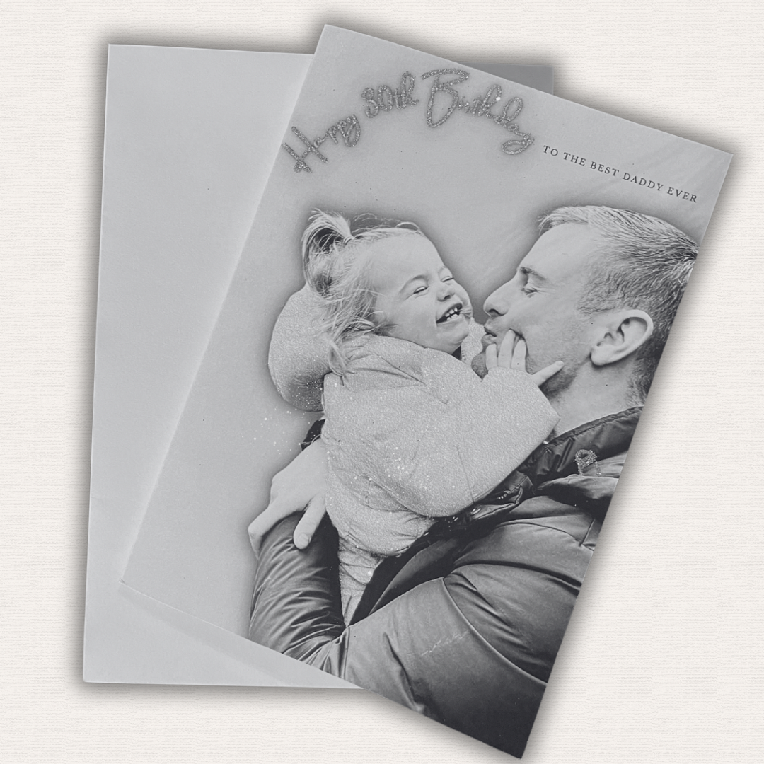 A Personalised A5 Fathers Day Glitter Card, add your own photo and words to front of card.